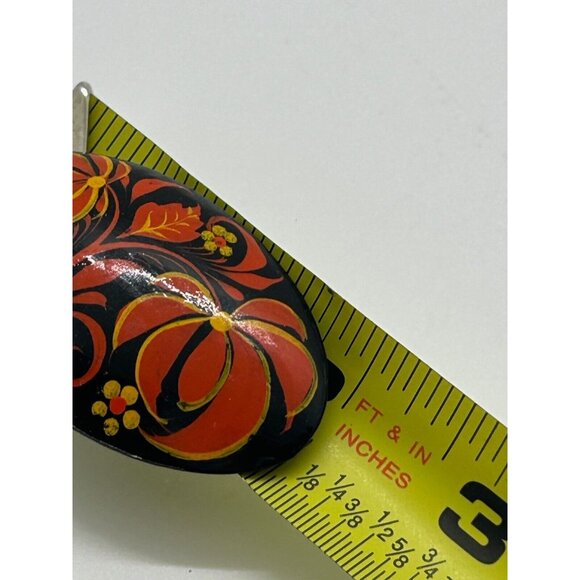 Hand-Painted Vintage Oval Floral Brooch Red Yellow Flower Design Black Lacquered - Picture 11 of 11